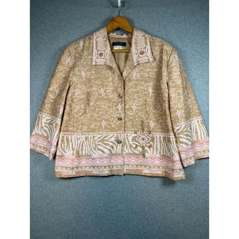 Vintage City Girl Nancy Bolen Women’s L Tan Pink Embellished Blazer Jacket 3890